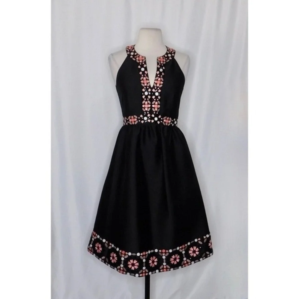 KATE SPADE Black Mosaic Embellished Embroidered Midi Dress Fit N' Flare Size 0‎